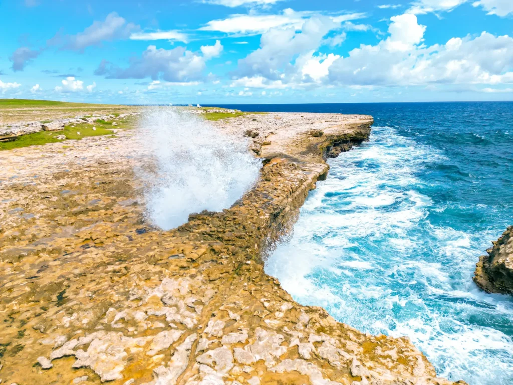 A powerful wave exploding through the Devil's Bridge blowhole on the Atlantic coast of Antigua — a natural limestone arch formation