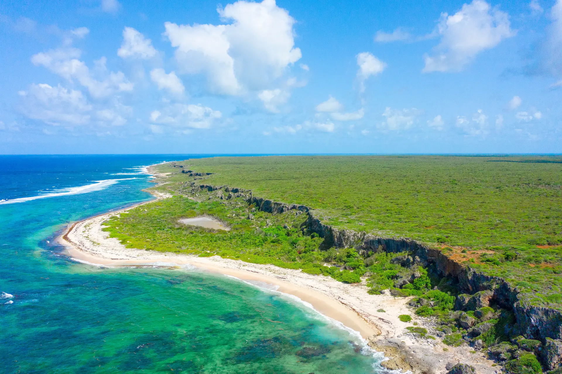 Aerial view of Barbuda's dramatic east coast showing limestone cliffs, white sand beach and the contrast between turquoise lagoon and deep blue Caribbean Sea